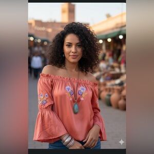 bleuh ciel Off-Shoulder Blouse with Floral Embroidery - Peach